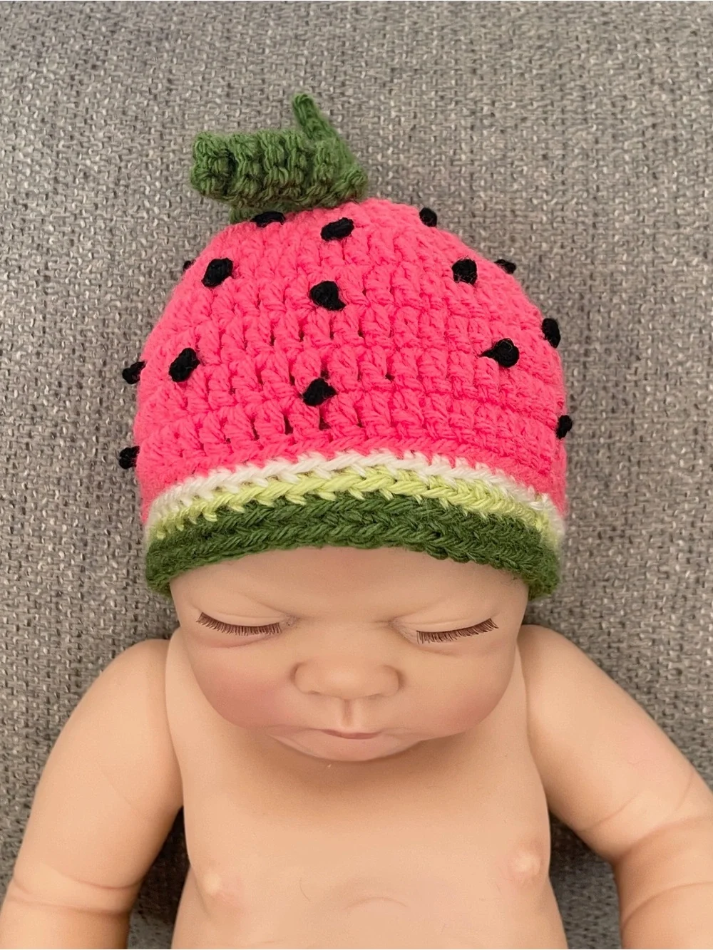 Handmade Pink Watermelon Crochet Baby Hat with Green Trim